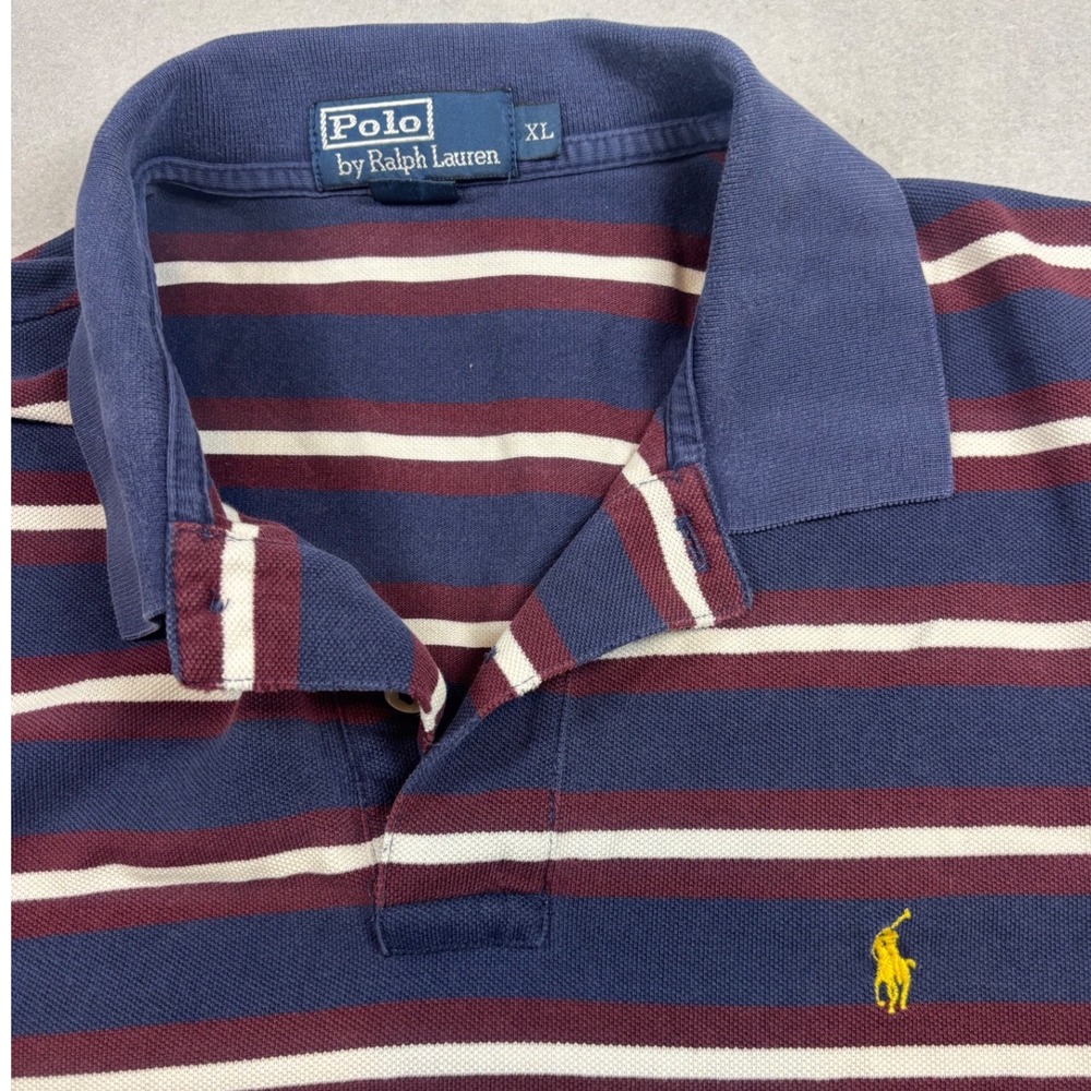 Polo Ralph Lauren Mens XL Striped Short Sleeve Polo Shirt Navy Burgundy Yellow - Picture 4 of 5